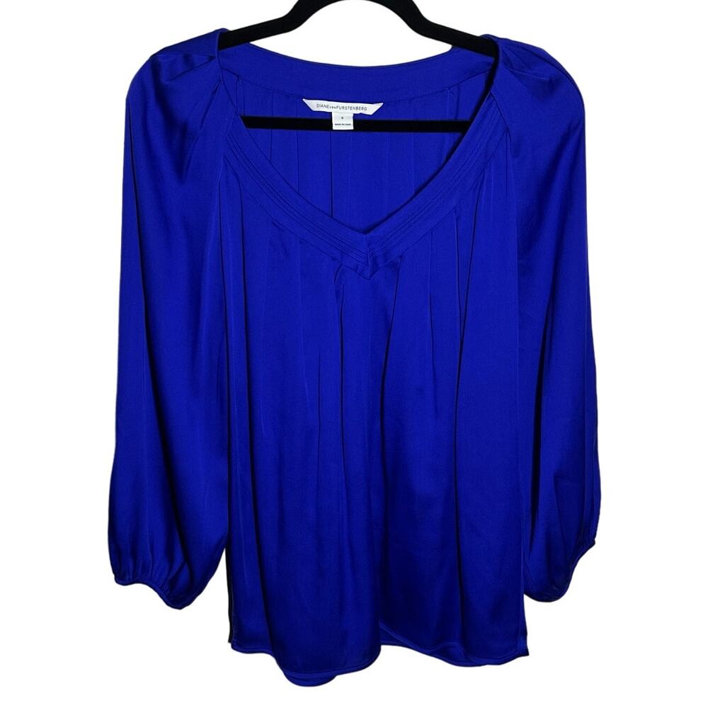 Diane‎ von Furstenberg Women's Cahil Cobalt Blue V Neck Silk Blend Blouse Size 6